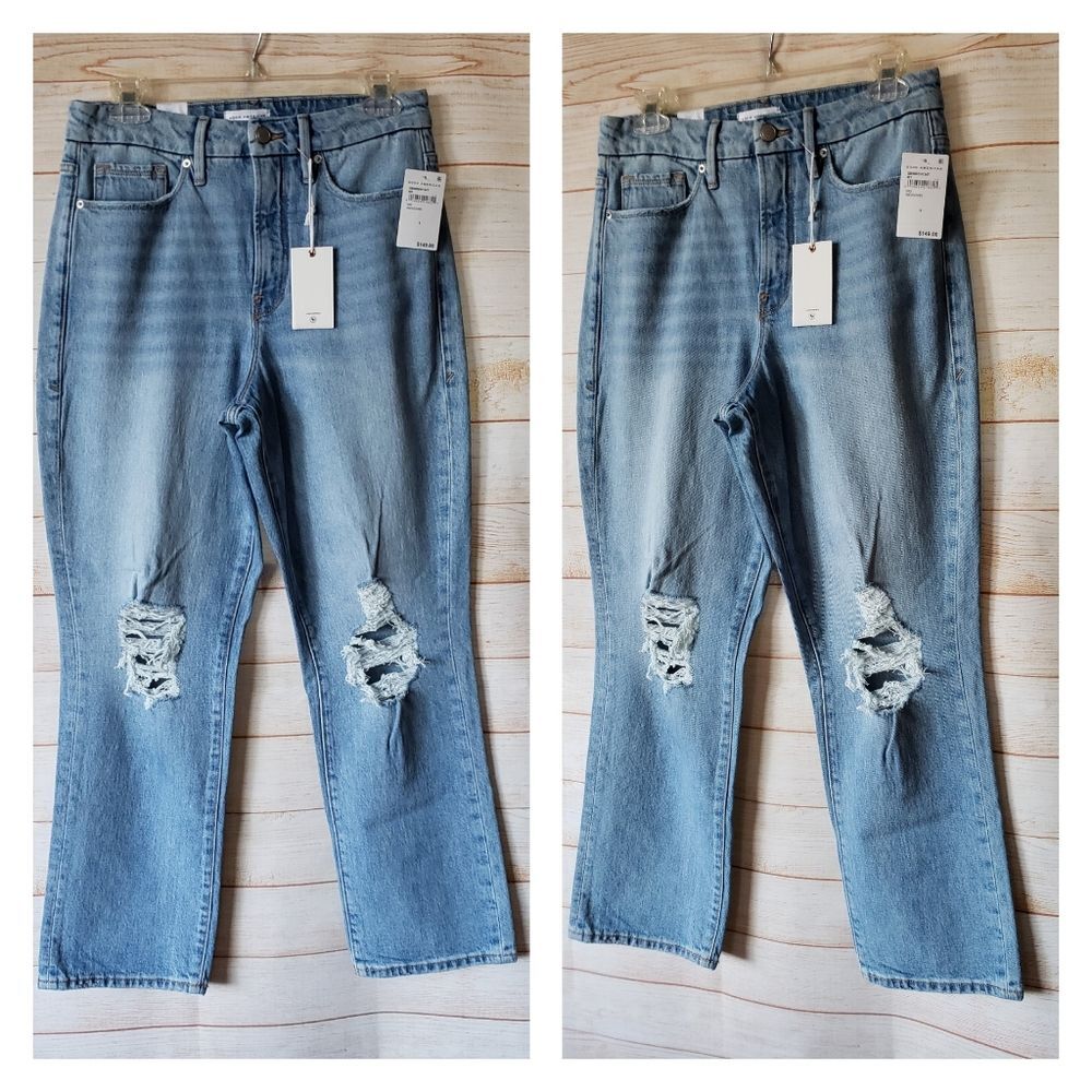 Good American Good Boy Cotton/Elastane High-Rise Distressed Denim Jeans Indigo